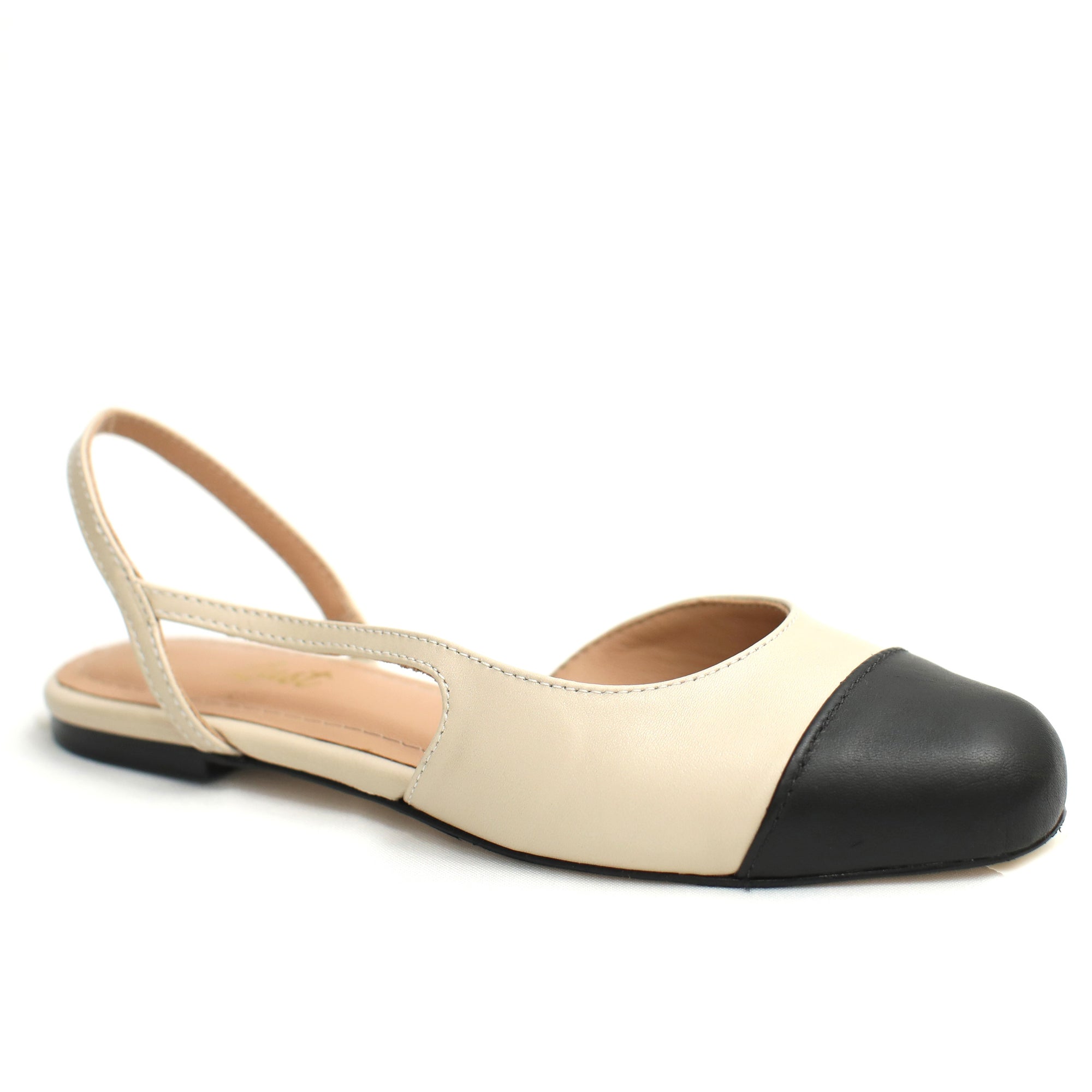 Sapatilha slingback couro bege/preto